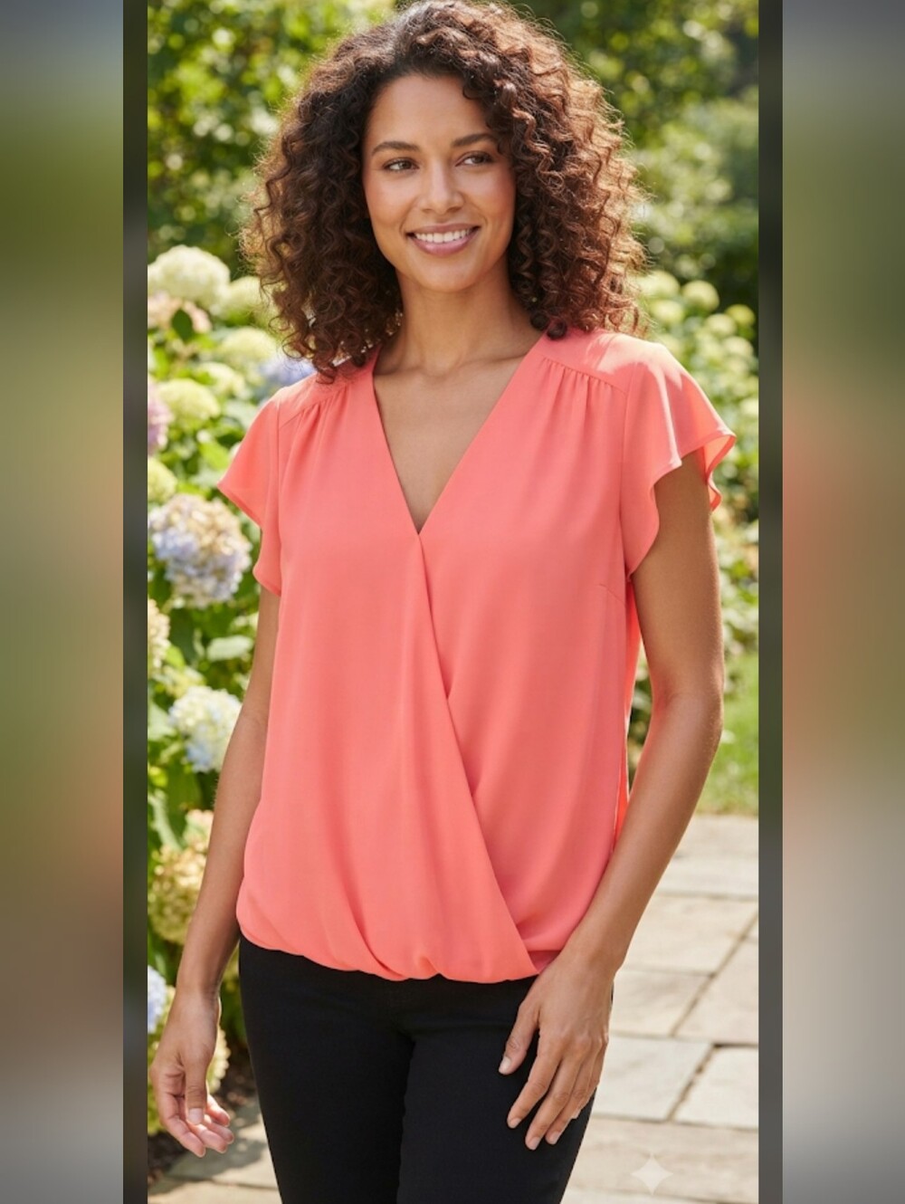 Vince Camito Coral V-Neck Flutter Sleeve Blouse